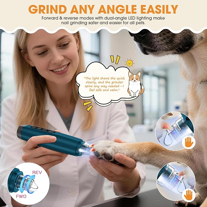 ATESON Dog Nail Grinder with LED Light, 6-Speed Quiet Electric Pet Nail Trimmers, Forward/Reverse, Powerful No-Stall Motor, 2000mAh Battery 8H Runtime, 95% Dust Capture for Dogs & Cats