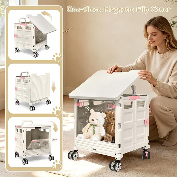 2-in-1 Foldable Shopping Cart & Rolling Pet Carrier, 55L Collapsible Utility Cart with Wheels, Pet Carrier with Telescopic Handle for Cats & Small Dogs, Portable Grocery Cart for Picnic, Travel-Grey
