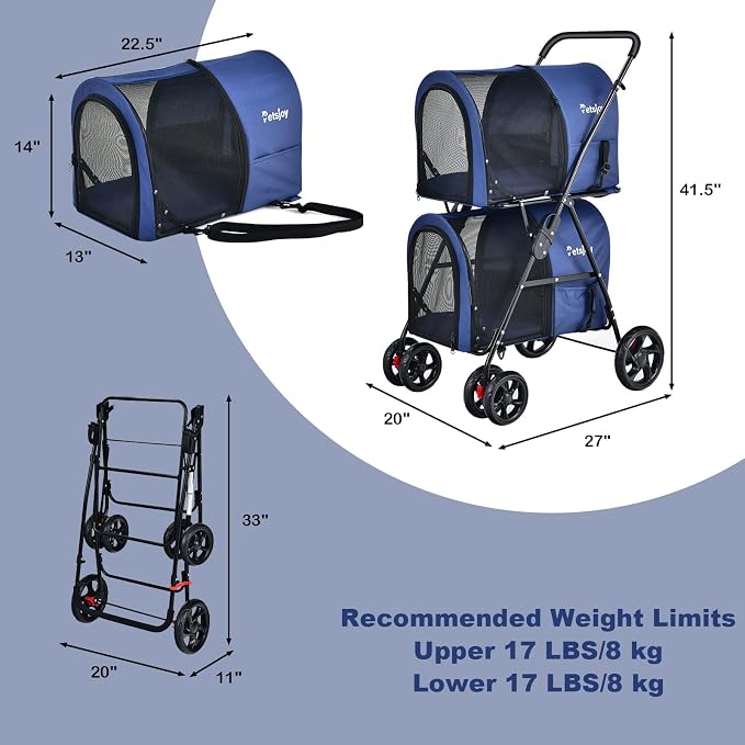 PETSITE Double Dog Stroller, Foldable Pet Stroller for 2 Dogs & Cats Small Medium Sized with Detachable Carrier on Wheels, Ideal for Car Seat Walking Camping Travel
