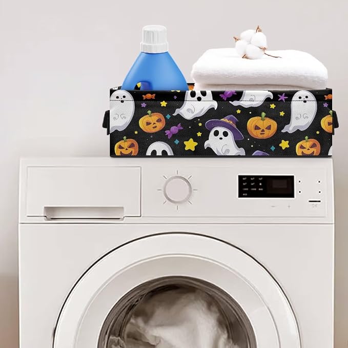 Halloween Ghost Pumpkin Toilet Paper Basket with Handle, Decorative Toilet Tank Topper Basket with Handle for Countertop Shelves, Bathroom Bedroom Living Room Decor