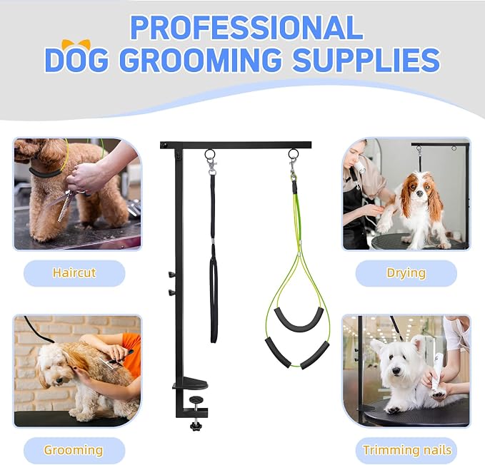 Dog Grooming Arm with Hammock, Height 27"-38", Size M, Blue | Foldable table arm with no-sit holder and restraint loops; ideal for small and medium pets at home or in salons.