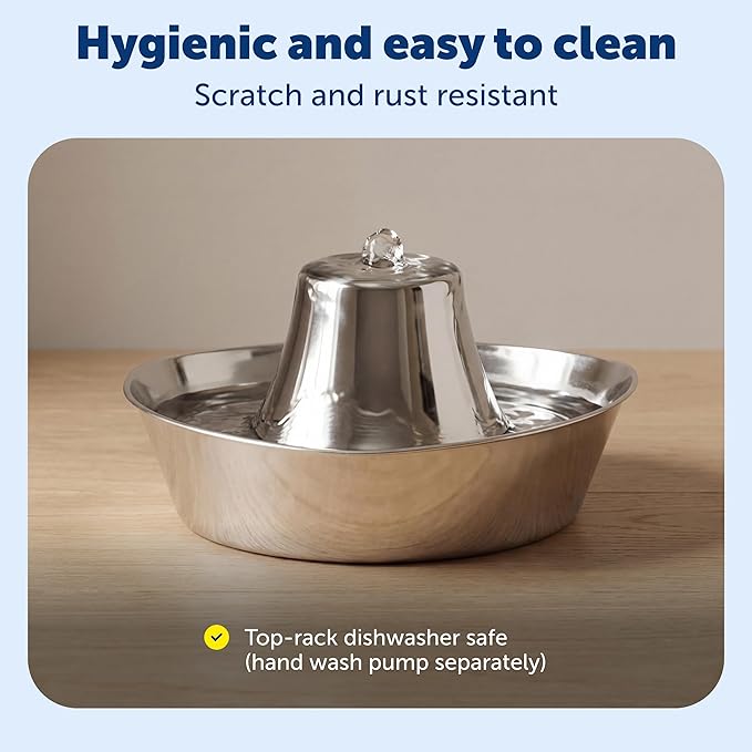 PetSafe Seaside Stainless Cat & Dog Fountain - Carbon and Foam Filters & 1 Pump Included, Tower Creates Soothing Flow for Pets, Scratch-and Rust-Resistant Material Inhibits Pet Acne, 60 Oz