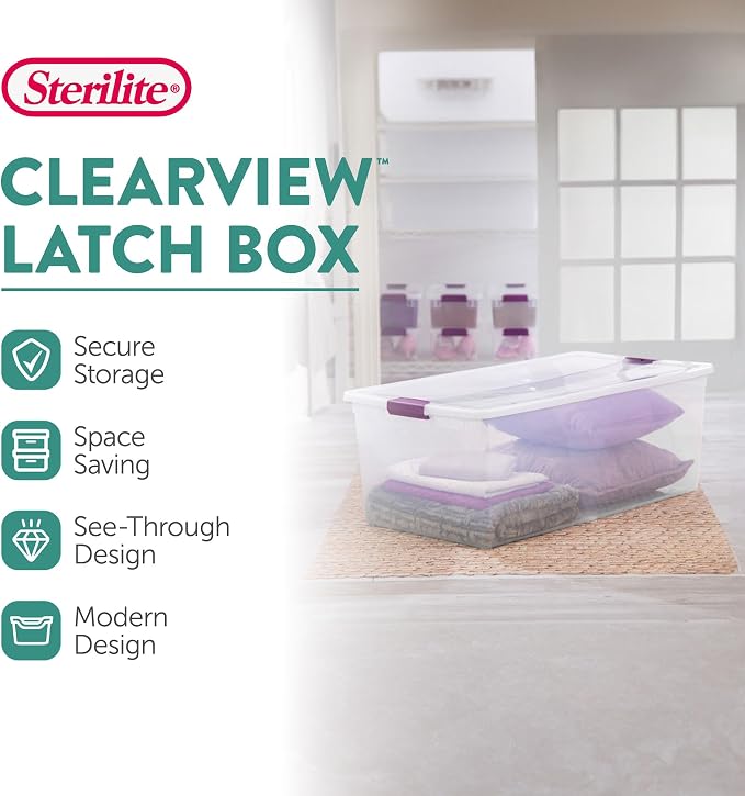 Sterilite 12-Pack 110 Quart ClearView Latch Box, Stackable Organizer Bins with Latching Lids - Clear Plastic Organization Containers for Closet, Bedroom, Shelving Units and Everyday Home Storage