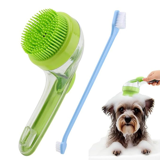 Pet Bath Brush, 2 in 1 Dog Bath Brush with Built-in Shampoo Dispenser, Pet Wash Brush with Double Head Toothbrush, Grooming Massage Brush for Dogs & Cats