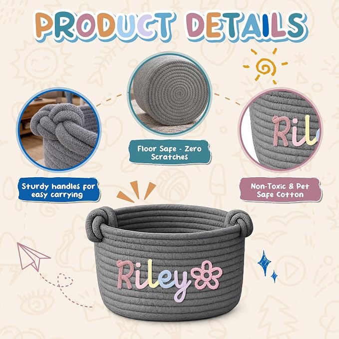 Personalized Dog & Cat Toys Bin with Name Custom Toy Storage Basket for Puppy Kitten Pet Supplies Organizer with Handmade Cotton Rope Name Gifts Basket for Pet Birthday Christmas