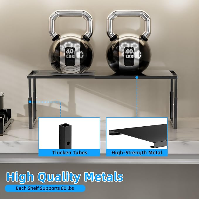 Cabinet Shelf, 1 Pack Expandable Shelf for Kitchen Storage | Stackable & Height Adjustable Cabinet Organizer Shelf | Metal Shelf Organizer | Black Spice Rack for Pantry Storage