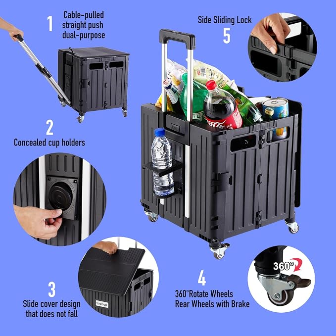 SUBICOO Folding Utility Cart Portable Rolling Crate Handcart Shopping Trolley Collapsible Tool Box, with Lid, on 4 Rotate Wheels, for Grocery, Shopping, Office, Teacher, Camp(Black)