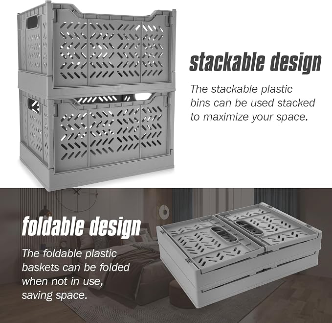 2 Pack Stackable Storage Crates, Plastic Foldable Baskets Tall Gray | Easy-carry handles, suitable for toys books groceries office supplies and household storage for home office shopping