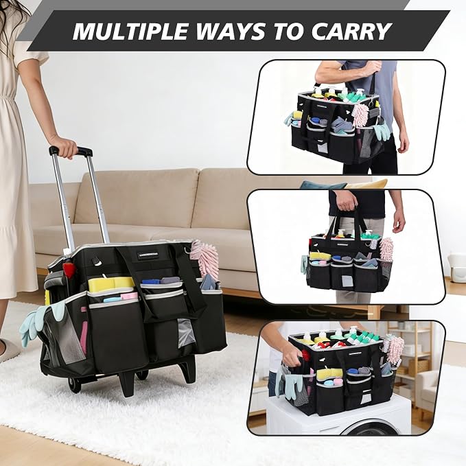 Large Rolling Cleaning Caddy Bag, Cleaning Caddy with Wheels with Detachable Trolley for Housekeepers, Water Resistant Cleaner Supplies Organizer with Wheels for Kitchen, Car, Picnic (Black-Grey)