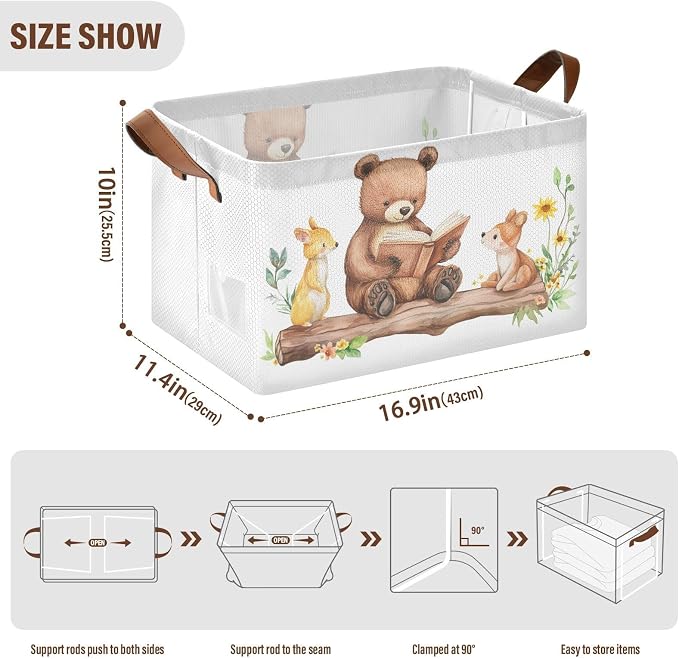 Cute Reading Bear Woodland Animal Storage Basket for Baby with Handles&Label Rectangular Waterproof Nursery Storage Bins Collapsible Organizer Baskets for Kids Cloth Gift Toys Laundry Shelf, 2 PC