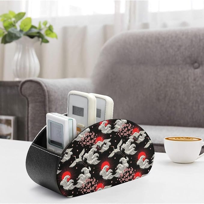 5 Compartment Remote Control Holder Ocean Cherry Floral Storage Caddy Box | Desktop Organizer, Vintage Crane Animal Red Sun Ocean Great Wave Anime Japanese Cherry Floral Blossom, for Media Player
