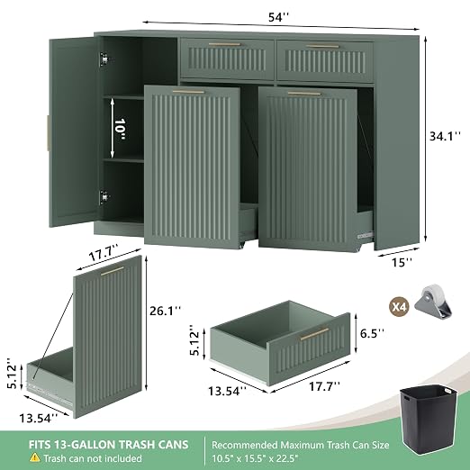 Double 13 Gallon Pull Out Trash Can Cabinet with Storage Cabinet,Green | Pet Proof Hidden Garbage Can Cabinet,3-Tier Shelves,Fluted Design,Extra Drawer Space,Kitchen & Dining Room Organization