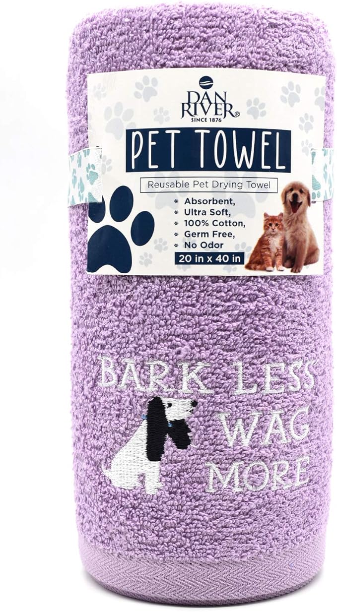 DAN RIVER Dog Towel - Pack of 1, 100% Cotton, 20x40, Ultra Soft 450 GSM, Super Absorbent & Quick Drying Towel for Dogs, Cats, and Other Pets, Crocus Petal.
