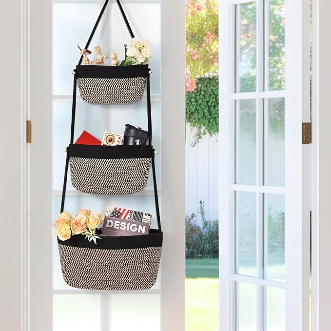 Hanging Basket, 3-Tier Woven Wall Basket with 4 Hooks, Cotton Rope Storage Baskets, Over the Door Organizer for Nursery, Bedroom, Cottage and Boho Wall Decor