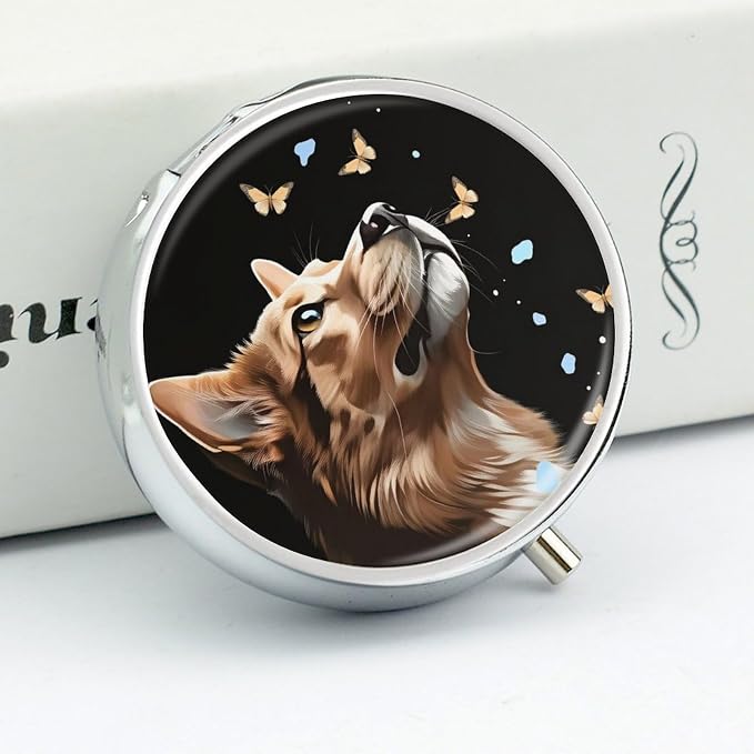Dog and Butterfly Metal Pill Organizer with Mirror, 3-Compartment Travel Pill Box, 2-Inch Round Pocket Medicine Case with Secure Latch, Portable Vitamin Holder for Women & Men