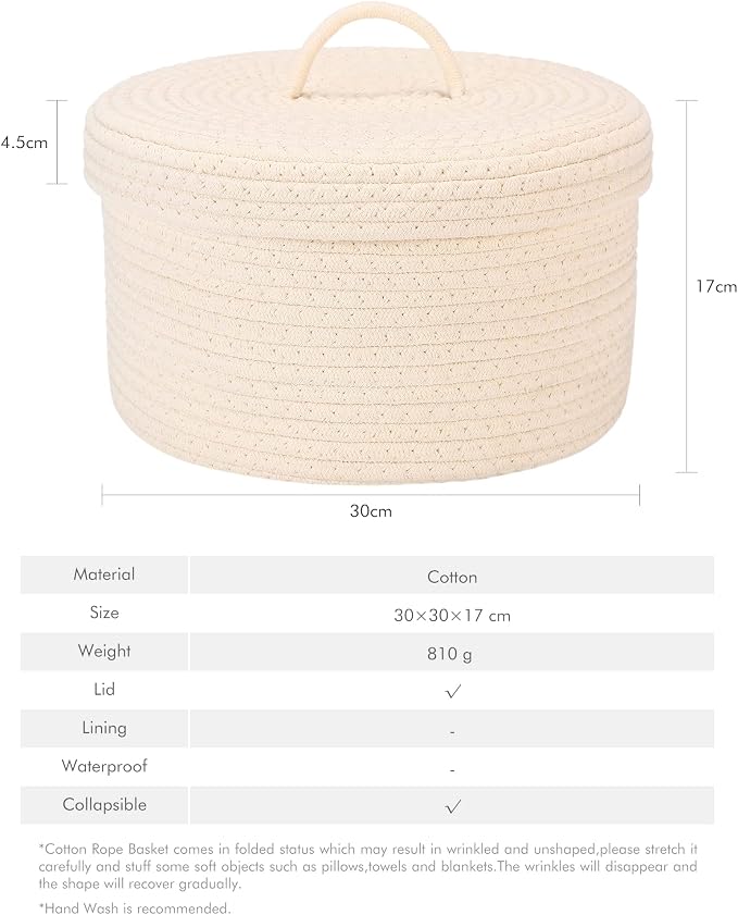 Sea Team Round Storage Basket, Woven Cotton Rope Basket with Lid, Cream | Decorative Knitted Storage Bin, Multi-Purpose Lidded Organizer for Closet Shelves, Nursery and Household Storage