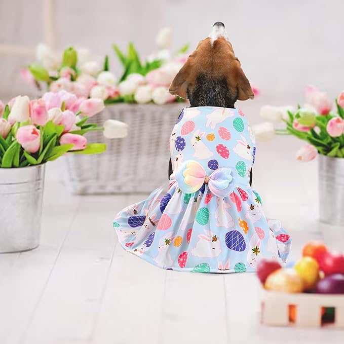Easter Dog Costume Dress for Pets, Easter Bunny Pet Outfit Dogs Bow Clothes,Light Blue Puppy Skirt, Spring Dog Dress，Size M (17.6-19.8 lbs)
