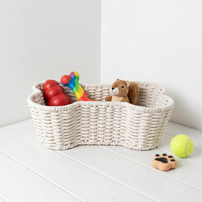 OtterPets Dog Toy Basket, Bone Shaped Cotton Rope Dog Toy Bin, Large 23x15 | Handmade dog and cat toy organizer, large 23 x 15 in; cotton rope construction; dog toy bin