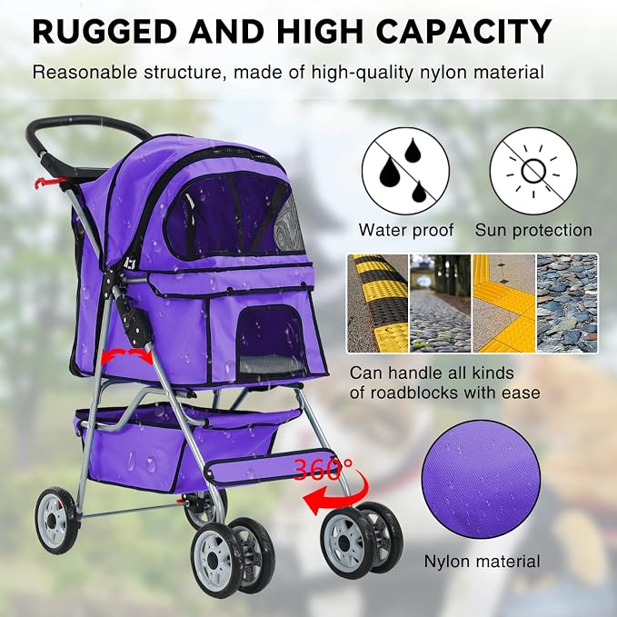 4 Wheels Cat Stroller, Pet Dog Jogger Stroller, Folding Carrier Waterpro with Cup Holder & Removable Liner, Dog Strollers for Small Dogs, for Small and Medium Pet Supplies (Purple)