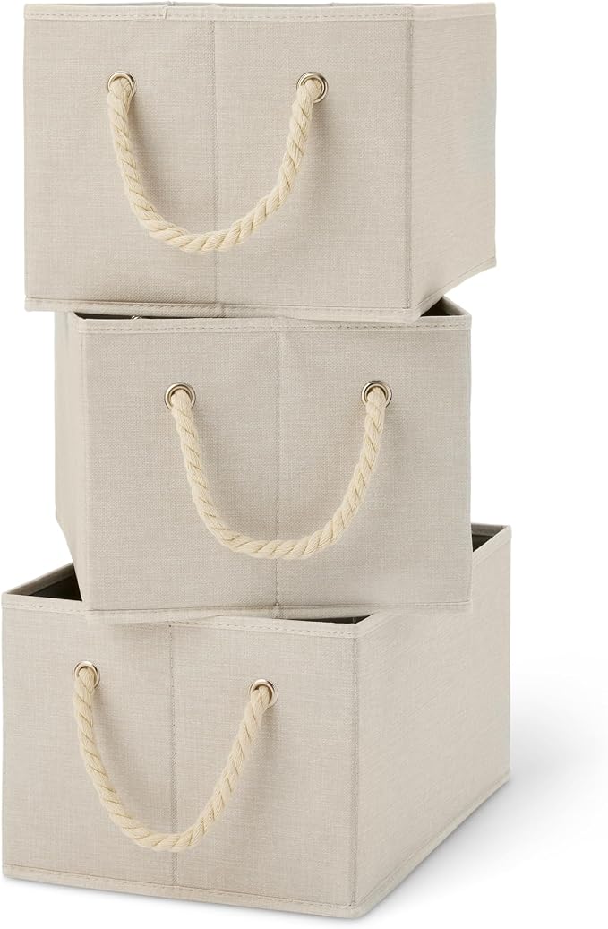 Amazon Basics Foldable Storage Bins with Rope Handles, Closet Organizers, Large, Linen, 3-Pack