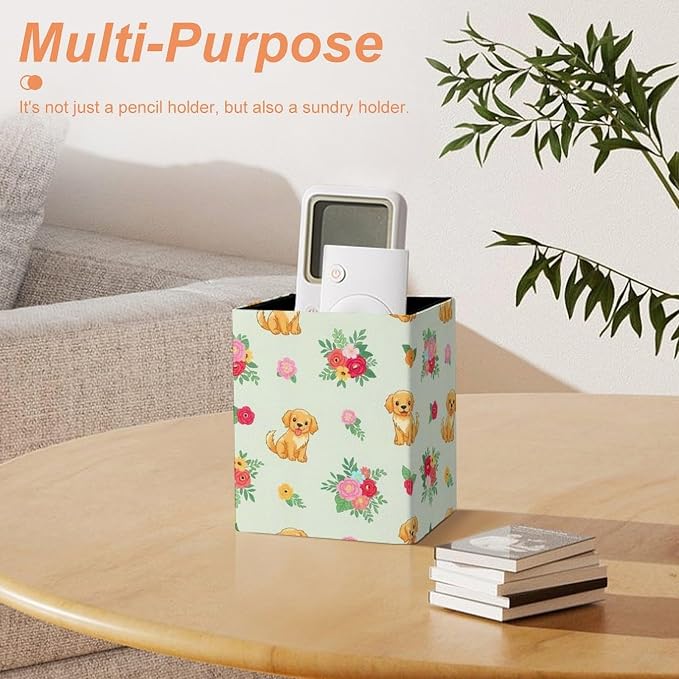 PU Leather Pencils Holder Organizer Case Golden Retriever Floral Dogs Desktop Pencil Cup Holder Stationery Container Box Office Makeup Brush Organization