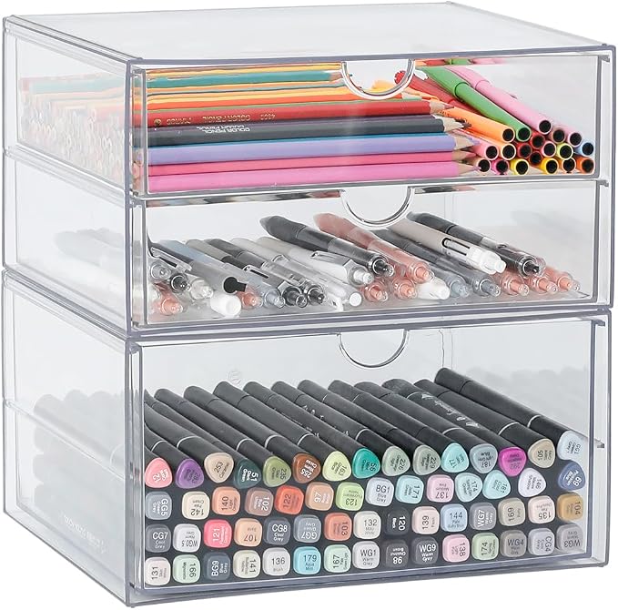 Clear Desk Drawer Organizer, 2 Pack, 3 Drawers | Stackable Desk Organizer and Accessories, For Home Office Supplies, Marker Pen, Art Crafts, Stationery, Coffee Pods