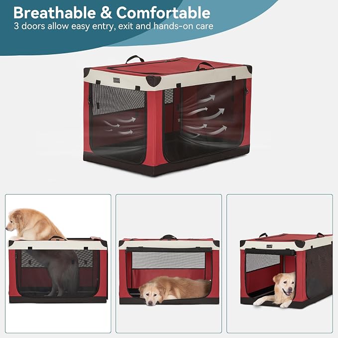 PETSFIT 36" Soft Portable Dog Crate – Patented Spiral Sturdy Frame, Collapsible Travel Kennel for Medium & Large Dogs, 3 Mesh Door, Lockable Zippers, Indoor & Car Use Red