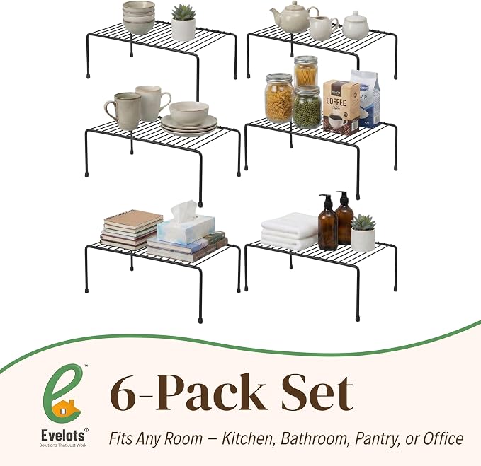 Evelots Wire Shelf Organizer Set Metal Cabinet Shelf Risers, 6-Pack, Black | 6-Pack rustproof metal wire shelf organizers create extra storage space in kitchen cabinets, pantries, freezers and bathrooms