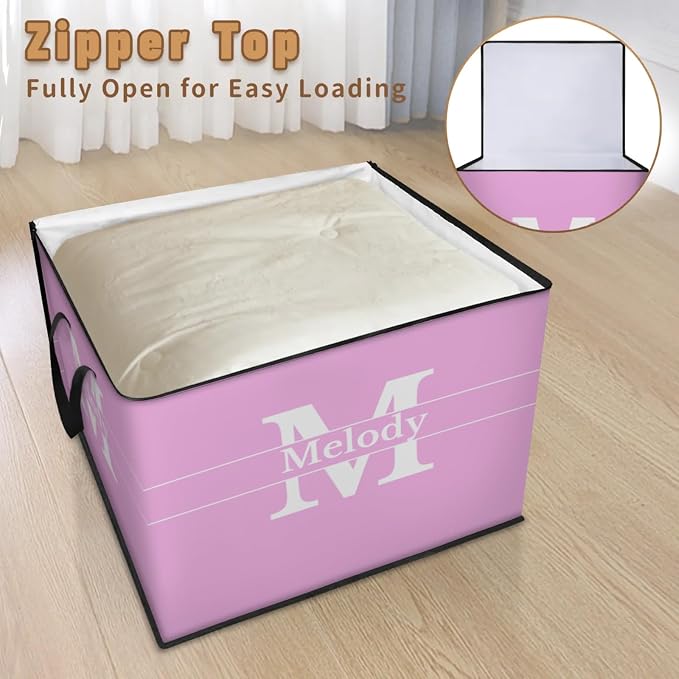 Personalized Name Large Storage Basket with Lid, Pink Canvas Storage Bins Quilt Clothes Organizer with Initial Letter for Bedroom, Kitchen, Bathroom, Nursery, Shelves, Closets