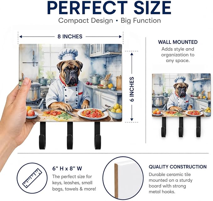 Caroline's Treasures Bullmastiff The Chef Leash or Key Holder Wall Hooks, Key Hooks Holder, Coat Rack Wall Mount, Coat Hooks, Hooks for Hanging Keys, Towels, Aprons, Leashes | Bullmastiff The Chef artwork on ceramic tile with three steel hooks for keys...