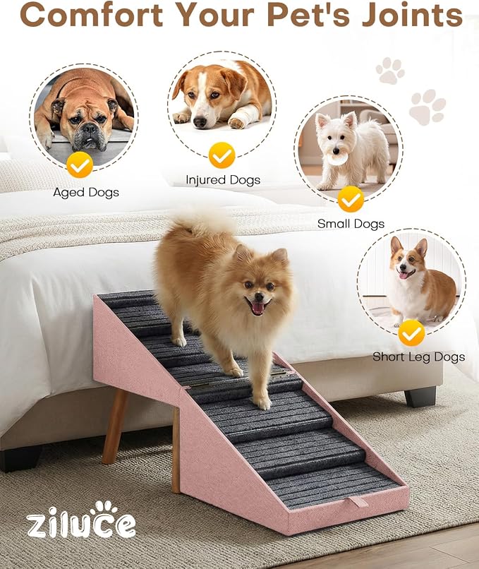 Dog Ramp for Bed & Couch, Foldable Dog Stairs 21.06" inches High | Split Ottoman No-Slip Surface Dog Ramp, 2 in 1 Wooden Pet Steps for Puppy and Large/Medium/Small Dogs,Pink