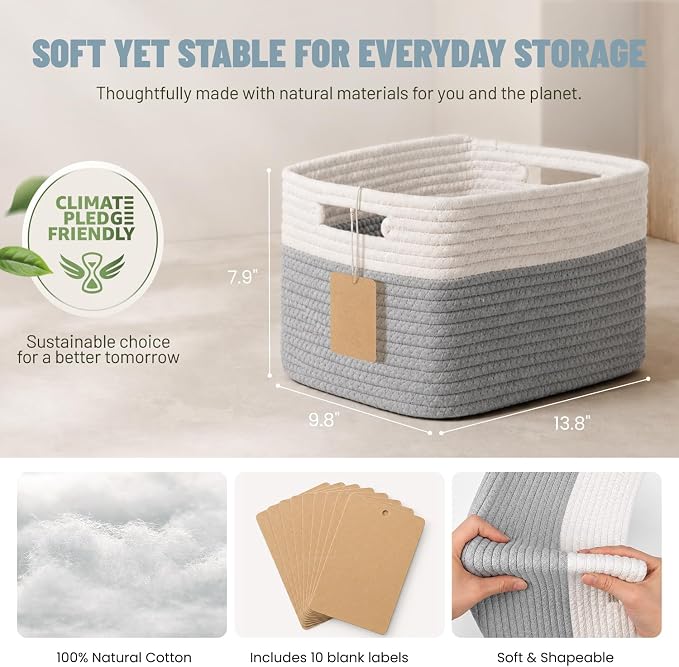 5 Pack Woven Storage Baskets, Decorative Storage Bins for Organizing | 13.8'' × 9.8'' × 7.9'', Cotton Rope Basket Organizer for Closet, Shelves, bathroom, Nursery, Toys, Books, Pantry, Gray/White