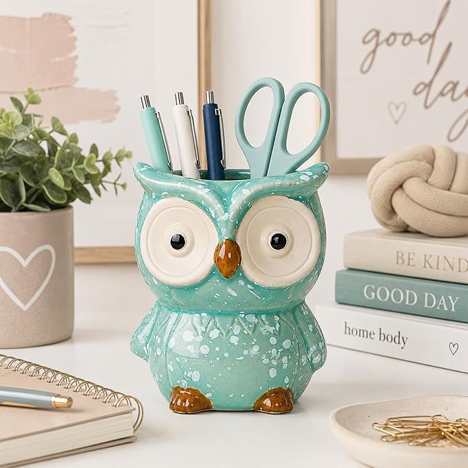 Ceramic Owl Shaped Pen Pencil Holder for Desk Decoration Accessories Owl Decor Makeup Brush Pen Cups Succulent Plant Pot Office School Ideal Gifts for Women, Mom or Birthdays