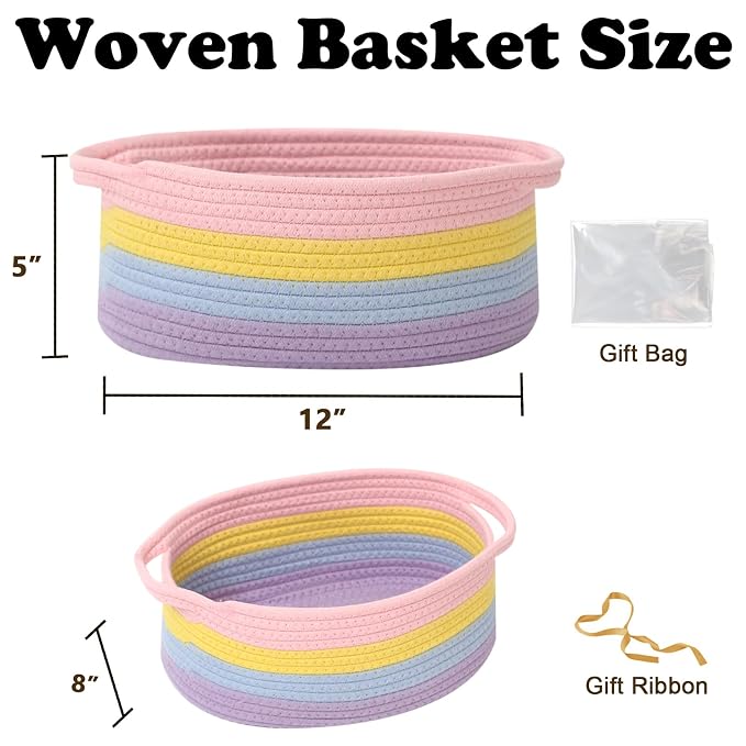 Woven Rope Basket,Baby Gift Basket with Bag & Ribbon, Rainbow | Cotton rope with handle, 12x8x5 in, gift bag and ribbon, for baby shower, birthday, toy storage, nursery, shelf decor
