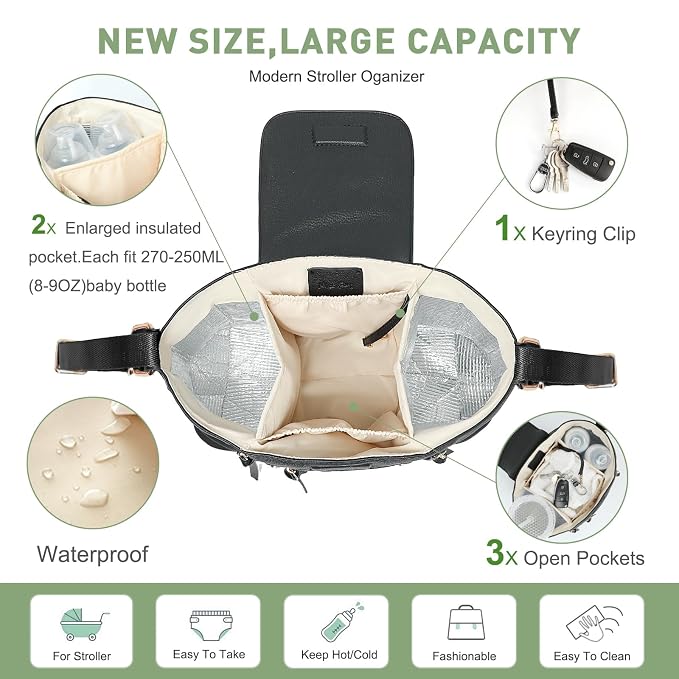 miss fong Universal Stroller Organizer with Insulated Cup Holder Stroller Caddy Baby Storage Bag with Adjustable Strap, Fits for like Uppababy, Baby Jogger, Britax, Umbrella