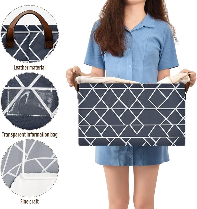 White and Dark Blue Geometric Storage Basket Foldable Cube Storage Bins with Handles&Label Waterproof Collapsible Organizer Box Bin Large Rectangle Decorative Baskets for Shelves Home Room Laundry