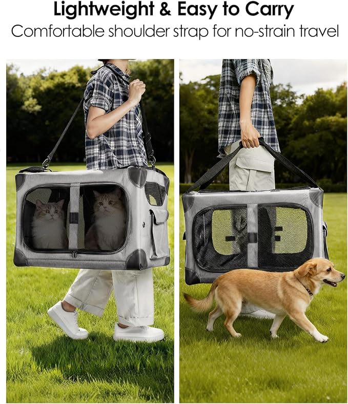 Extra Large 2-Cat Foldable Pet Travel Carrier,24"x17"x17",Gray | Removable Divider, Metal Frame Support, Breathable Mesh Panels, With Storage Tote & Padded Straps