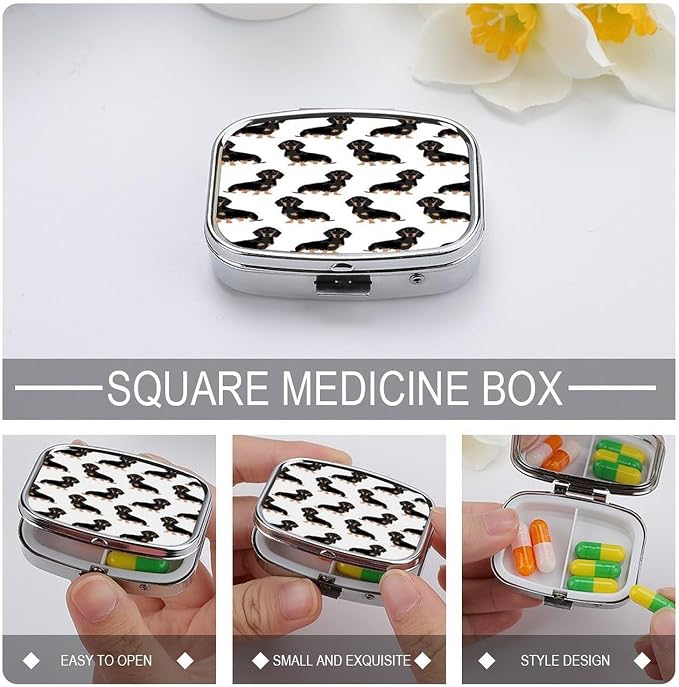 2 Compartment Square Pill Box Portable Metal Travel Pill Organizer | Weiner Pet Dogs Pill Case to Hold Vitamins, Medication, Fish Oil and Supplements, Ideal for Purse & Pocket