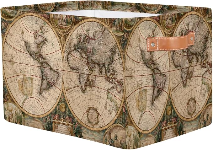 Globe Travel World Map Storage Basket Cloth Storage Cube Basket Bins | Collapsible Cloth with Handles Rectangular Toys Nursery Bedroom Home Office