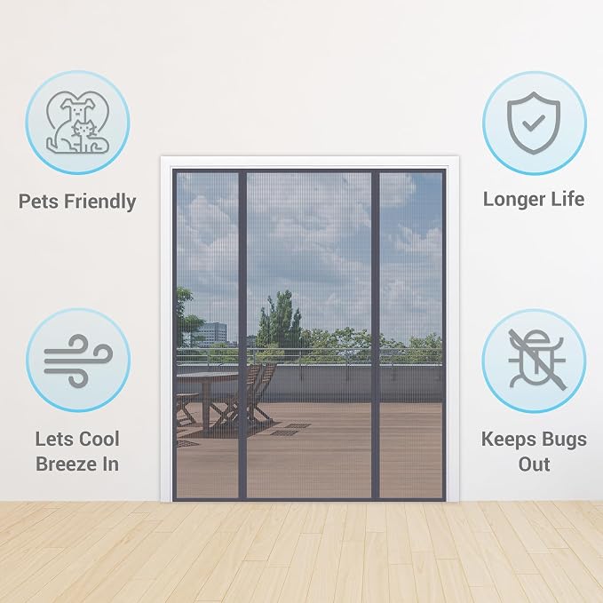 TheFitLife Fibreglass Double Door Magnetic Fly Screen, Heavy Duty Curtain | 74"x81" - Fits Doors up to 72"x80" Max, Gray, with Full Frame Hook & Loop Powerful Magnets, Pet & Kid Friendly, Hands Free