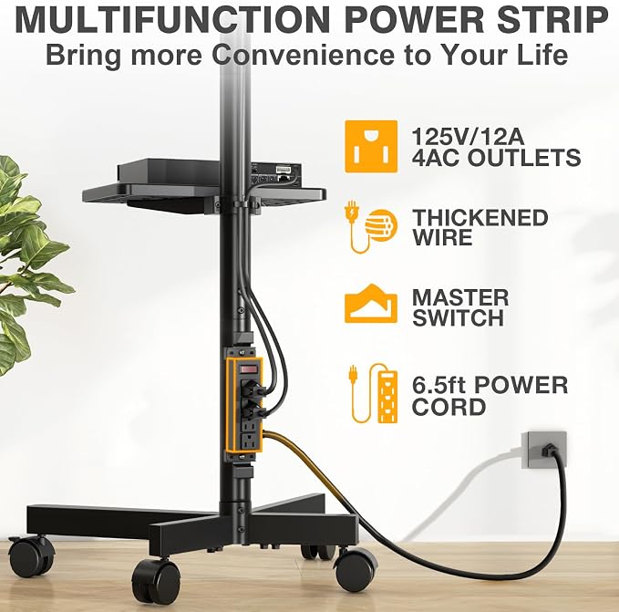 Mobile TV Stand with Power Outlet for 23-65 Inch TVs up to 88 lbs | Tilt Rolling TV Cart with Height Adjustment & Locking Wheels, Portable TV Stand for Bedroom, Office, Max VESA 400x400mm