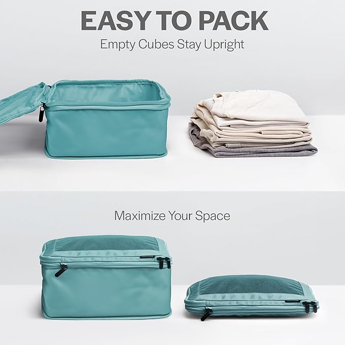 Compression Packing Cubes for Travel, 6-Pack, Teal | Solves overpacking, 6-Piece set fits most suitcases, 50% Space savings, Compression luggage organizer bags