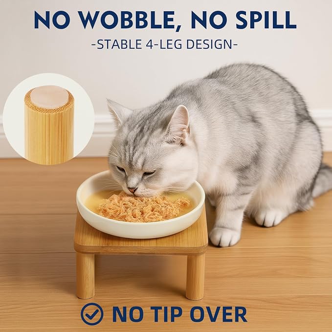 DoogCat Raised Cat Bowl, Elevated Cat Bowls with Bamboo Stand, Set of 2 | Premium Ceramic Bowls, Adjustable Height, Whisker-Friendly Design, Elevated Feeding, Easy to Clean