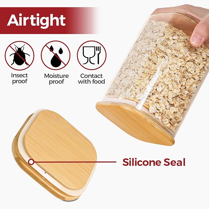 Glass Pantry Storage Containers with Bamboo Lids 1Qt 4 Pack Square | Pantry Organization, Coffee Beans Flour Sugar Pasta Cereal Dry Food Storage, Labels Included, Kitchen Organization