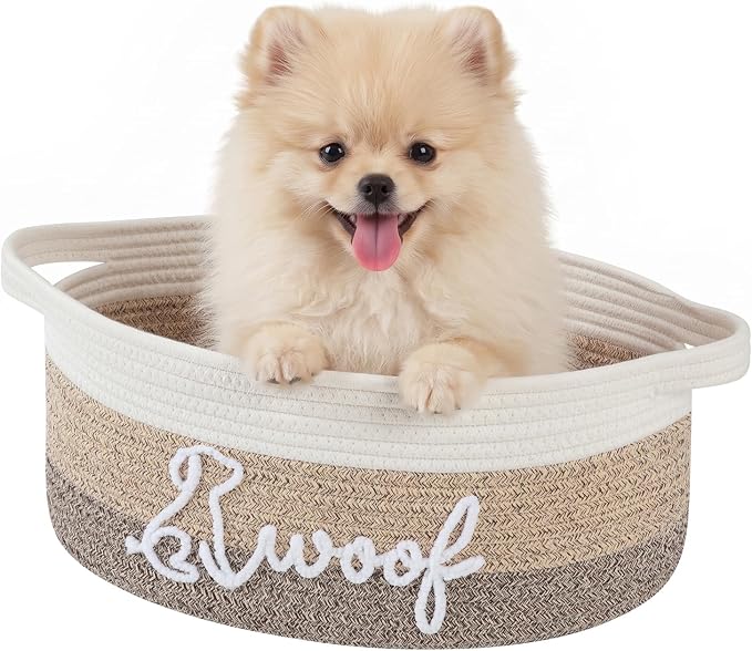 OIAHOMY 14L Large Dog Toy Basket, 16.1"x9.5"x7" Cotton Rope Basket with Cute Woof Embroidery, Soft Woven Pet Toy Box with Handles for Blankets, Leashes & Puppy Accessories, Decorative Organizer Brown