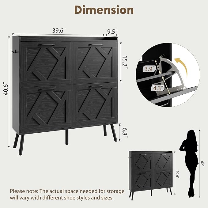 Shoe Cabinet with 4 Flip Drawers, Hidden Shoe Rack Cabinet with Metal Legs, Farmhouse Narrow Shoe Storage Cabinet for Entryway, Foyer, Hallway, Black