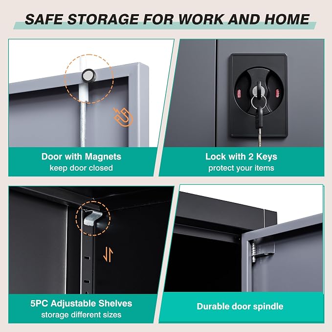 Small Metal Cabinet with Shelves,36 inch Garage Storage Cabinet with Lock,Gray Metal Storage Cabinets with Locking Doors,Small Steel Lockable Cabinets for Home,Office,Shop,Garage