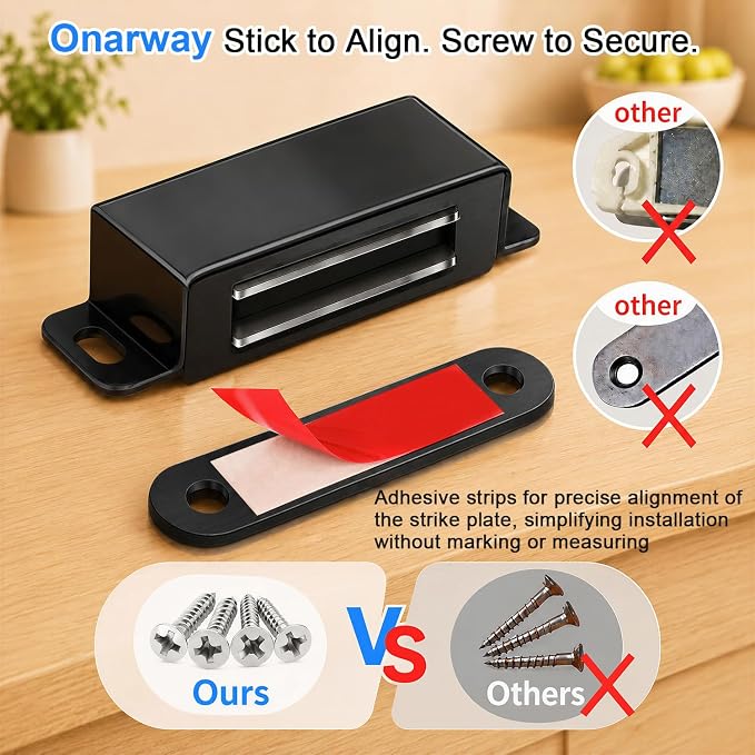 Strong Cabinet Magnets for Closure 40 lbs 2 Pack - Hold Warped Doors Tight | Magnetic Door Catches/Latches Black for Cupboard Closet Drawer Window - Strip-Proof Screws Install in 5 Mins