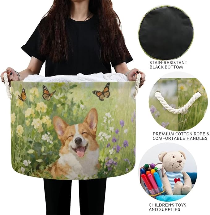 Joyful Corgi Dog Collapsible Round Storage Basket with Handles | Butterfly Floral Large Laundry Baskets Hamper, Clothes Organizer Bin for Nursery Bedroom Living Room Decor, 20x 20x 14 Inches
