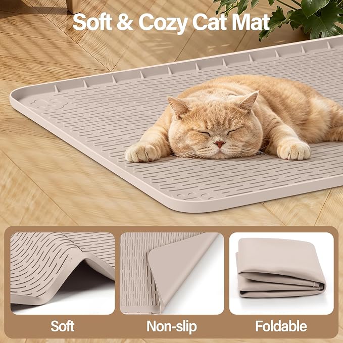 Silicone Cat Bed Mat 40"x28" Pet Crate Mat for Cat Cage, Khaki | Extra Large Cat Sleeping Mat, Non-slip, Washable, Waterproof Pet Bed Mat with Raised Edge, Pet Playpen Mat to Protect Floors